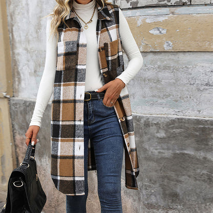 Womens Long Plaid Vest Sleeveless Coats Lapel Collar Casual Fall Outfits with Pockets - Seldom Seen Styles