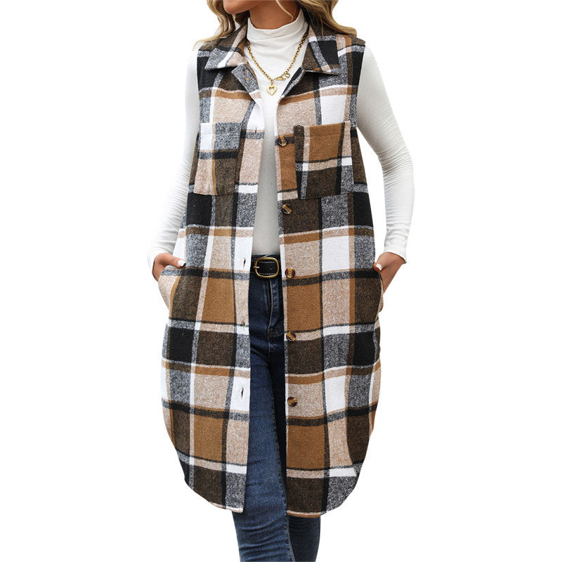Womens Long Plaid Vest Sleeveless Coats Lapel Collar Casual Fall Outfits with Pockets - Seldom Seen Styles