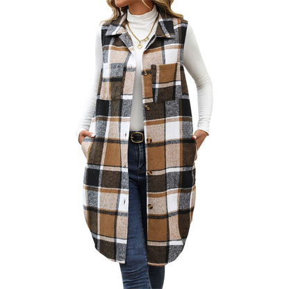 Womens Long Plaid Vest Sleeveless Coats Lapel Collar Casual Fall Outfits with Pockets - Seldom Seen Styles