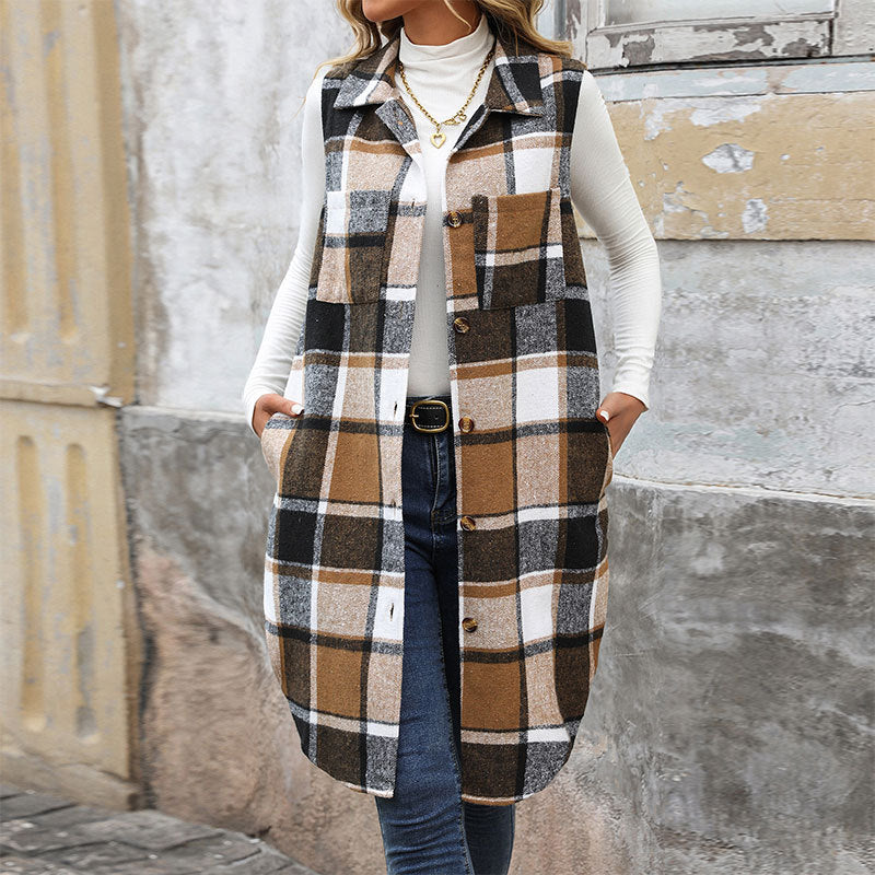 Womens Long Plaid Vest Sleeveless Coats Lapel Collar Casual Fall Outfits with Pockets - Seldom Seen Styles