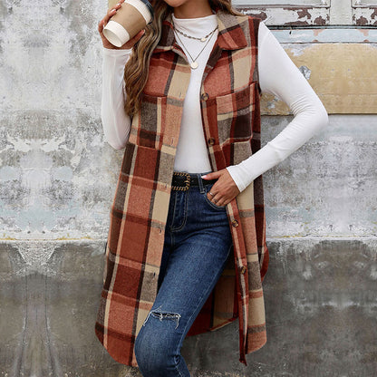 Womens Long Plaid Vest Sleeveless Coats Lapel Collar Casual Fall Outfits with Pockets - Seldom Seen Styles