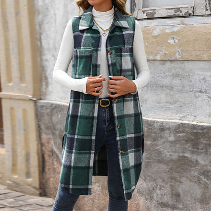 Womens Long Plaid Vest Sleeveless Coats Lapel Collar Casual Fall Outfits with Pockets - Seldom Seen Styles