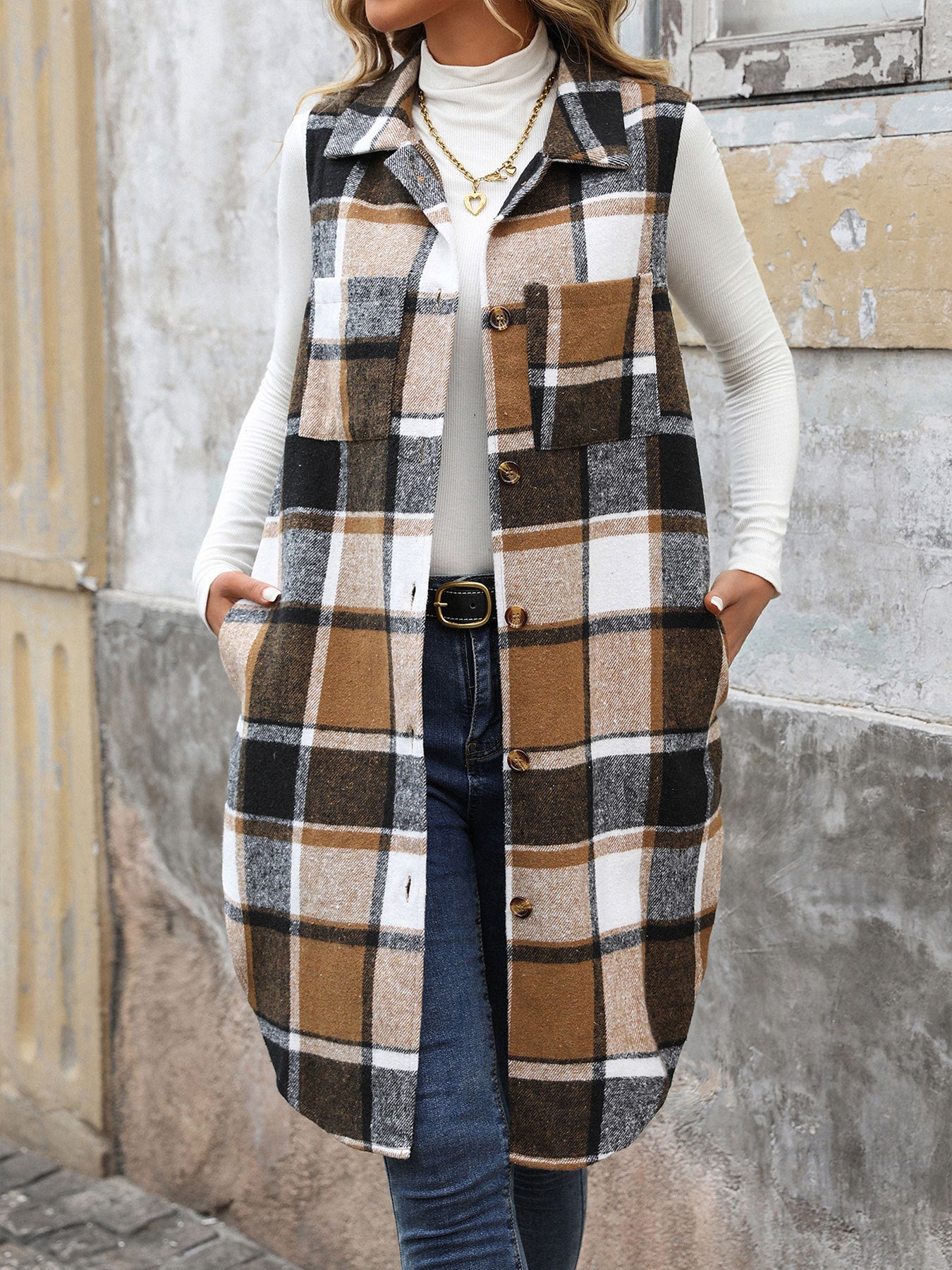 Womens Long Plaid Vest Sleeveless Coats Lapel Collar Casual Fall Outfits with Pockets - Seldom Seen Styles