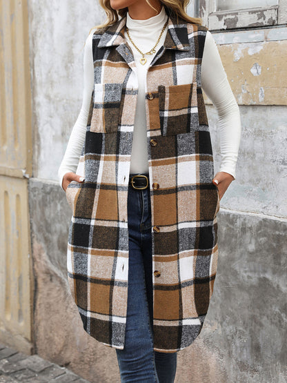 Womens Long Plaid Vest Sleeveless Coats Lapel Collar Casual Fall Outfits with Pockets - Seldom Seen Styles