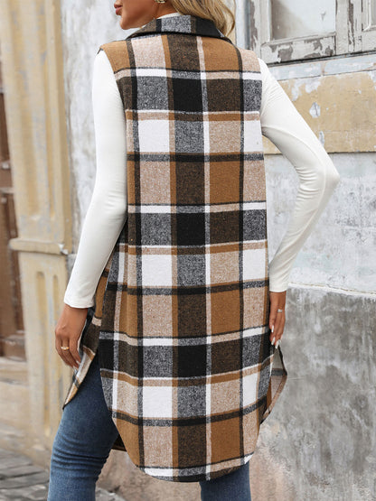 Womens Long Plaid Vest Sleeveless Coats Lapel Collar Casual Fall Outfits with Pockets - Seldom Seen Styles