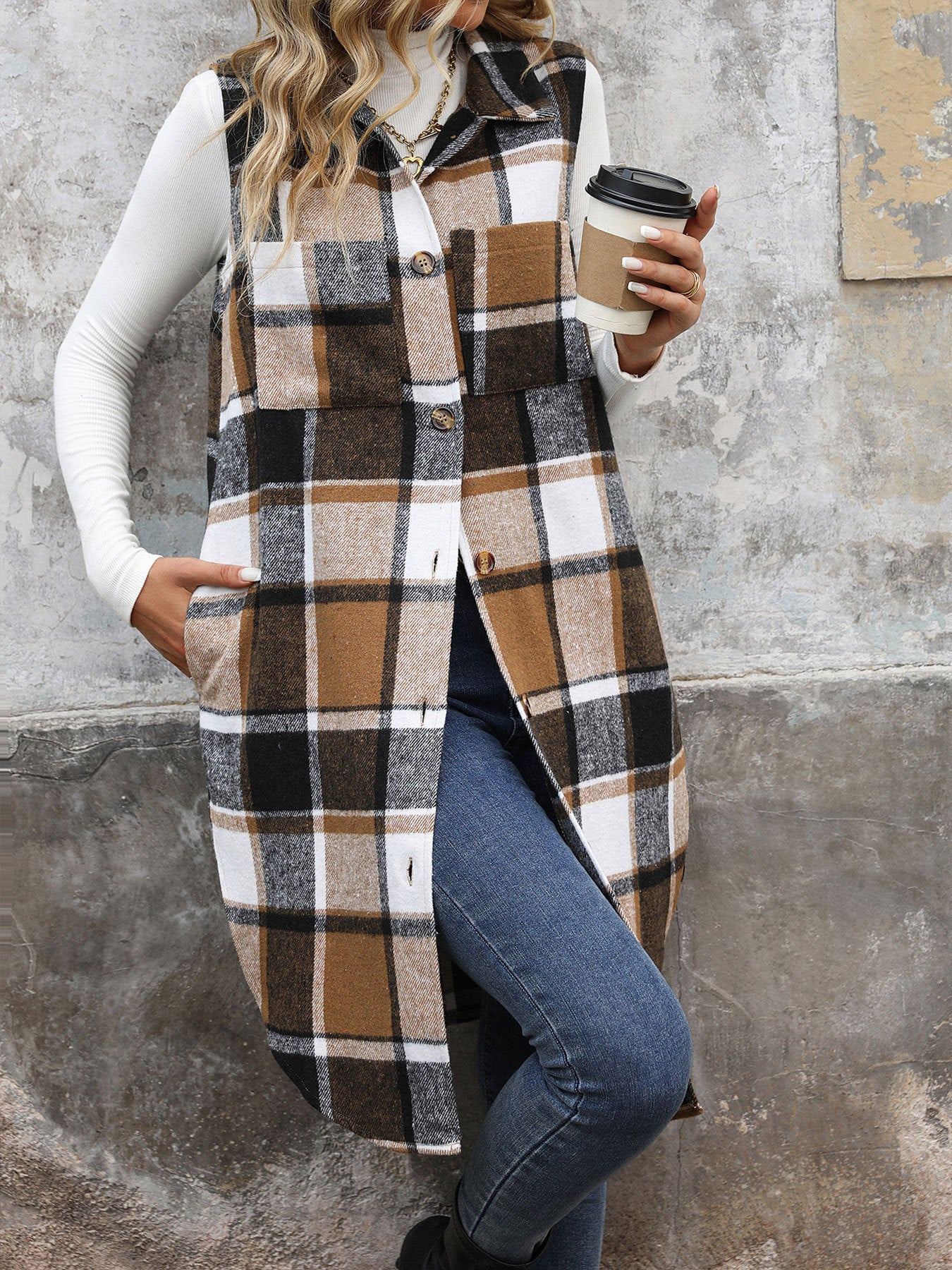 Womens Long Plaid Vest Sleeveless Coats Lapel Collar Casual Fall Outfits with Pockets - Seldom Seen Styles