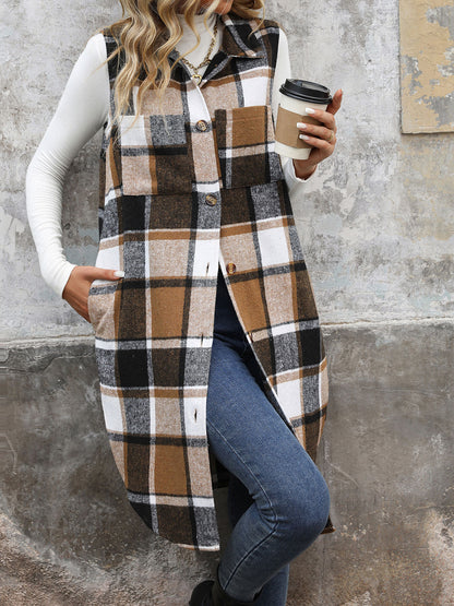 Womens Long Plaid Vest Sleeveless Coats Lapel Collar Casual Fall Outfits with Pockets - Seldom Seen Styles