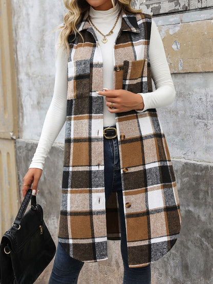 Womens Long Plaid Vest Sleeveless Coats Lapel Collar Casual Fall Outfits with Pockets - Seldom Seen Styles