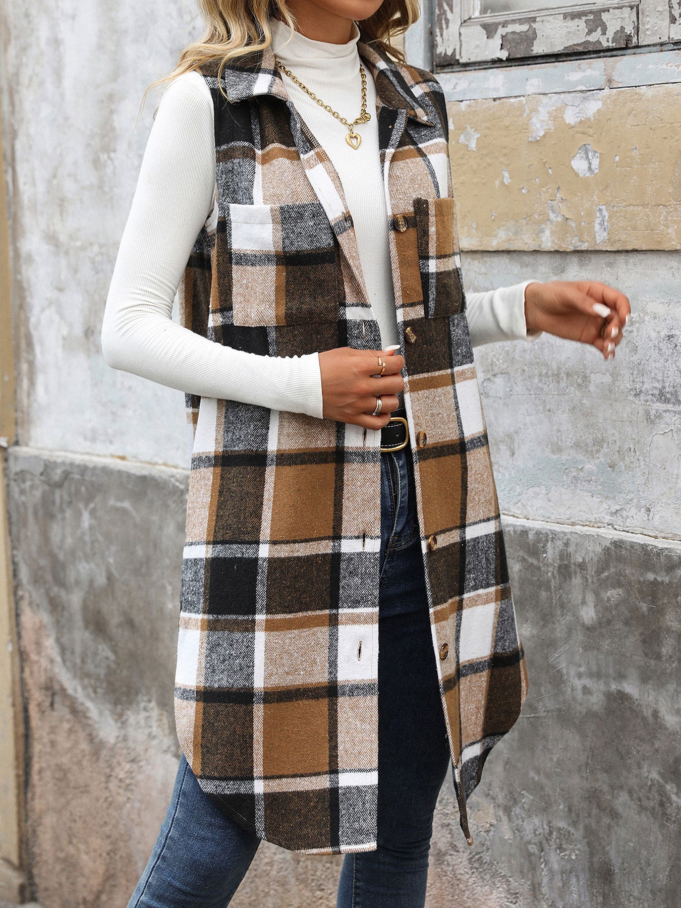 Womens Long Plaid Vest Sleeveless Coats Lapel Collar Casual Fall Outfits with Pockets - Seldom Seen Styles