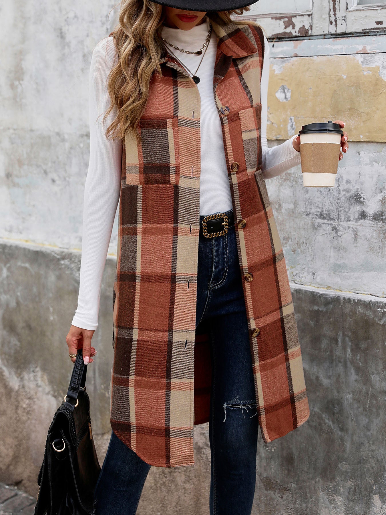 Womens Long Plaid Vest Sleeveless Coats Lapel Collar Casual Fall Outfits with Pockets - Seldom Seen Styles