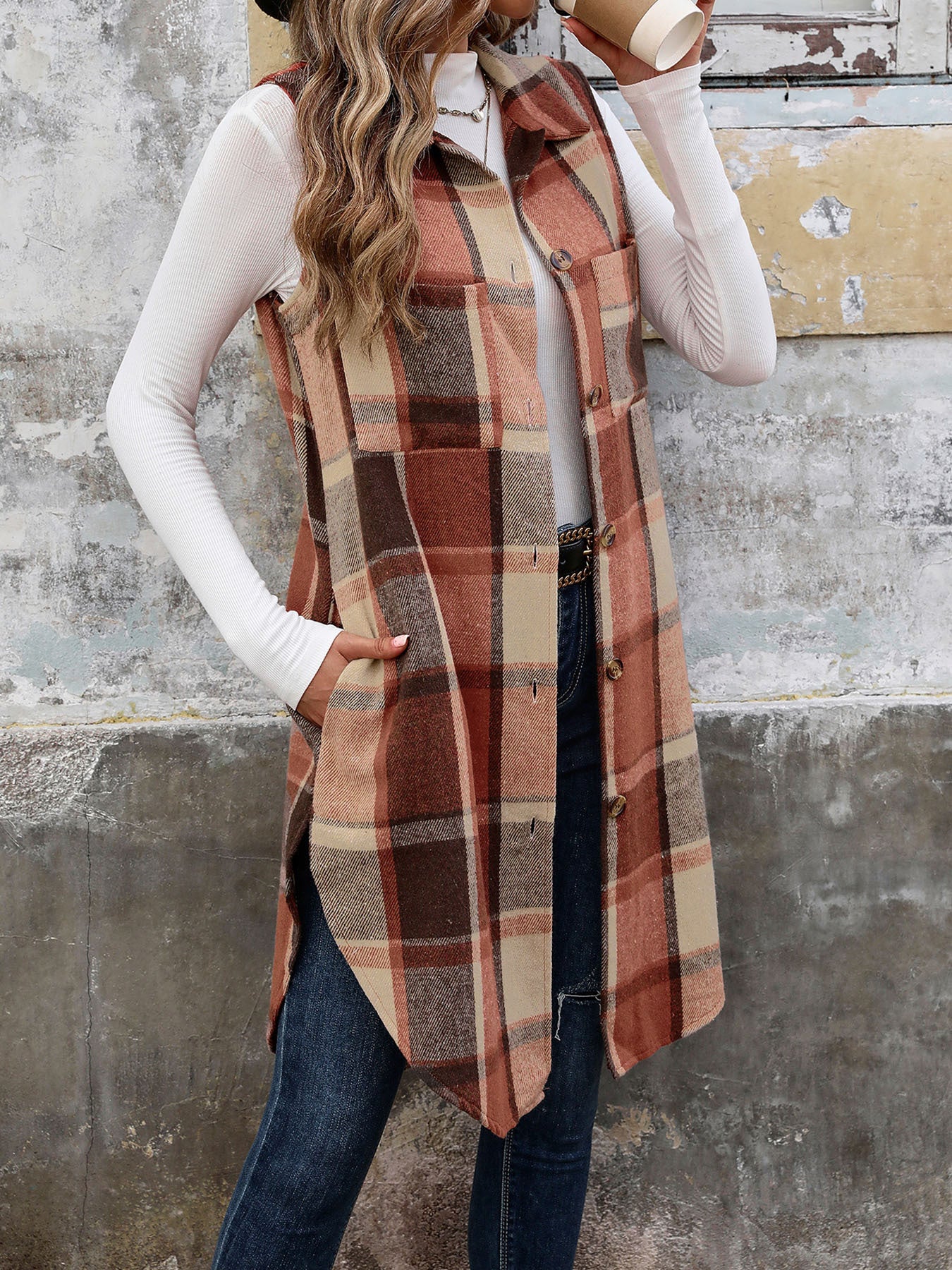 Womens Long Plaid Vest Sleeveless Coats Lapel Collar Casual Fall Outfits with Pockets - Seldom Seen Styles