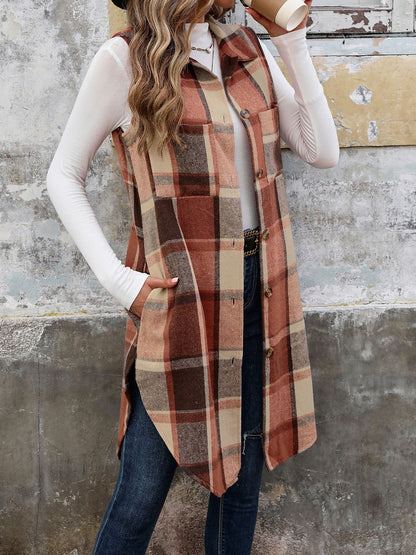 Womens Long Plaid Vest Sleeveless Coats Lapel Collar Casual Fall Outfits with Pockets - Seldom Seen Styles