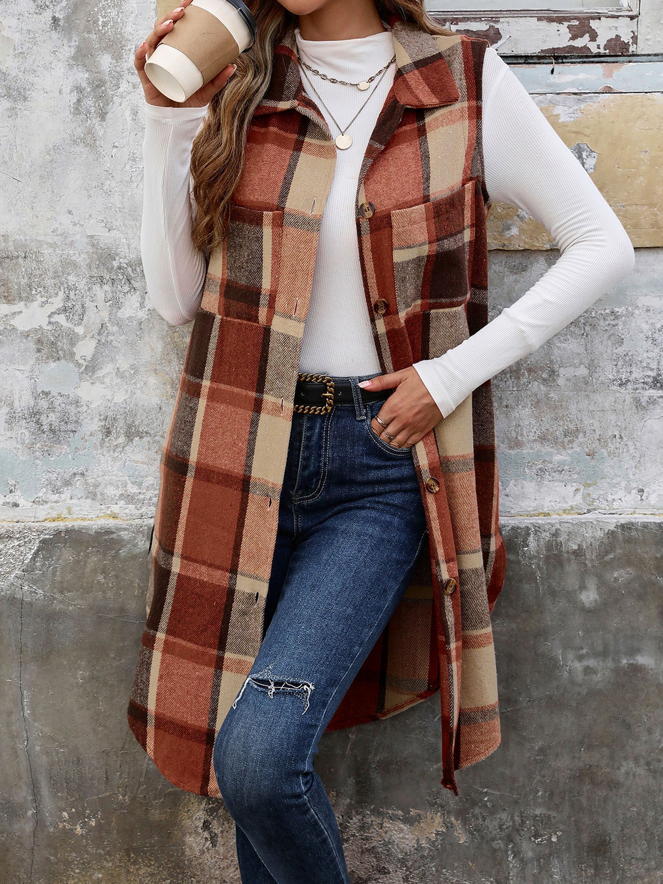 Womens Long Plaid Vest Sleeveless Coats Lapel Collar Casual Fall Outfits with Pockets - Seldom Seen Styles