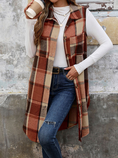 Womens Long Plaid Vest Sleeveless Coats Lapel Collar Casual Fall Outfits with Pockets - Seldom Seen Styles