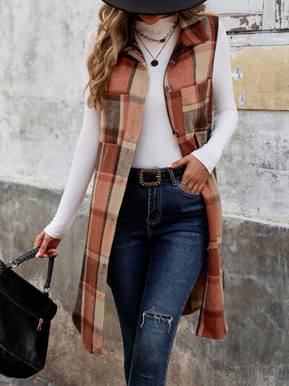 Womens Long Plaid Vest Sleeveless Coats Lapel Collar Casual Fall Outfits with Pockets - Seldom Seen Styles
