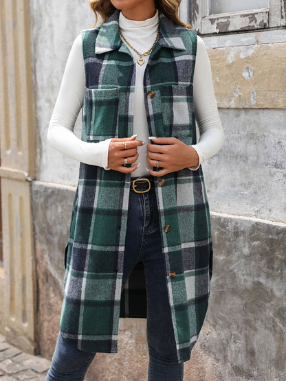 Womens Long Plaid Vest Sleeveless Coats Lapel Collar Casual Fall Outfits with Pockets - Seldom Seen Styles