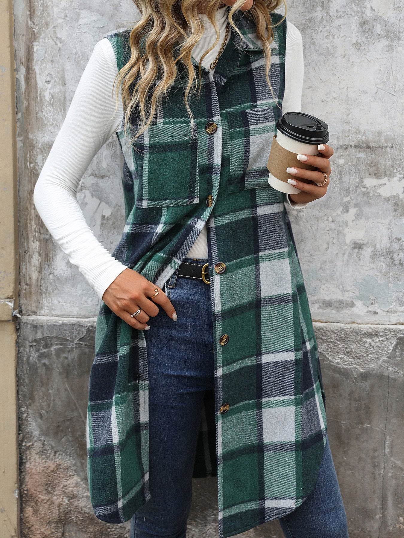 Womens Long Plaid Vest Sleeveless Coats Lapel Collar Casual Fall Outfits with Pockets - Seldom Seen Styles