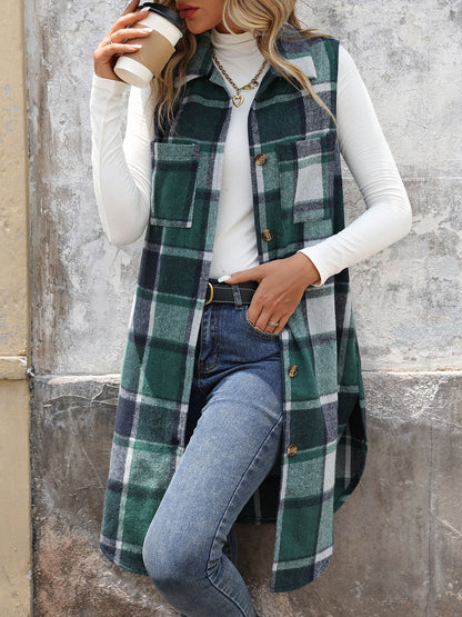 Womens Long Plaid Vest Sleeveless Coats Lapel Collar Casual Fall Outfits with Pockets - Seldom Seen Styles