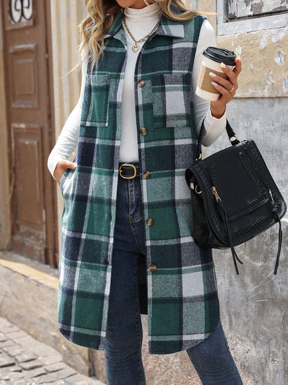 Womens Long Plaid Vest Sleeveless Coats Lapel Collar Casual Fall Outfits with Pockets - Seldom Seen Styles