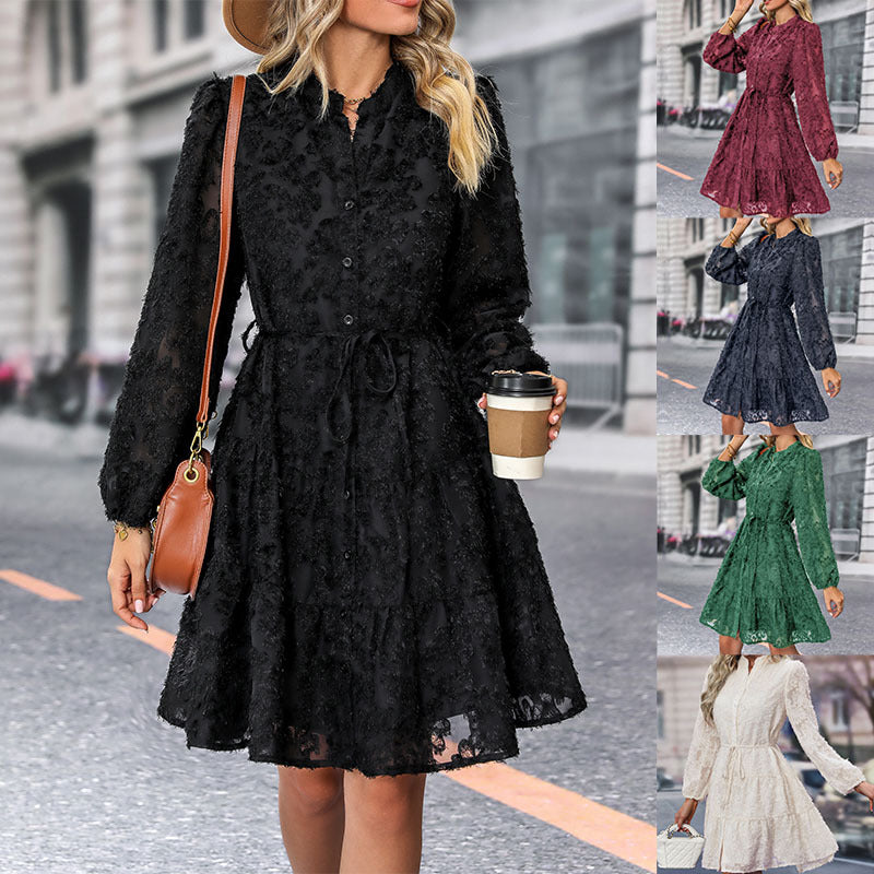 Womens Long Sleeve Fall Dresses 2024 Button Up Empire Waist with Belt A-Line Mini Dress Casual Fall Winter Dress - Seldom Seen Styles