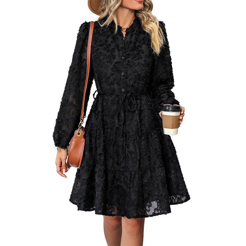 Womens Long Sleeve Fall Dresses 2024 Button Up Empire Waist with Belt A-Line Mini Dress Casual Fall Winter Dress - Seldom Seen Styles