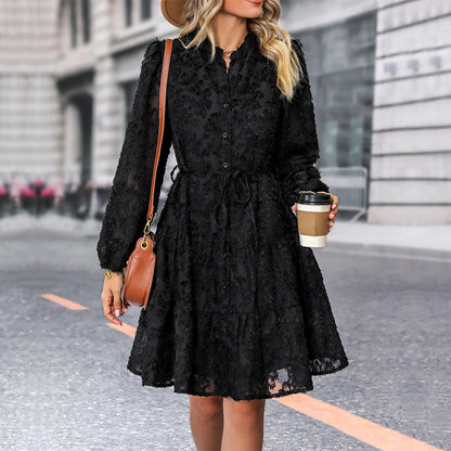 Womens Long Sleeve Fall Dresses 2024 Button Up Empire Waist with Belt A-Line Mini Dress Casual Fall Winter Dress - Seldom Seen Styles