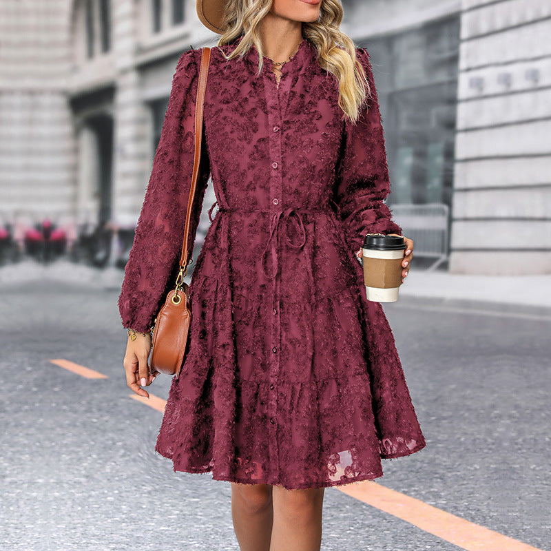 Womens Long Sleeve Fall Dresses 2024 Button Up Empire Waist with Belt A-Line Mini Dress Casual Fall Winter Dress - Seldom Seen Styles