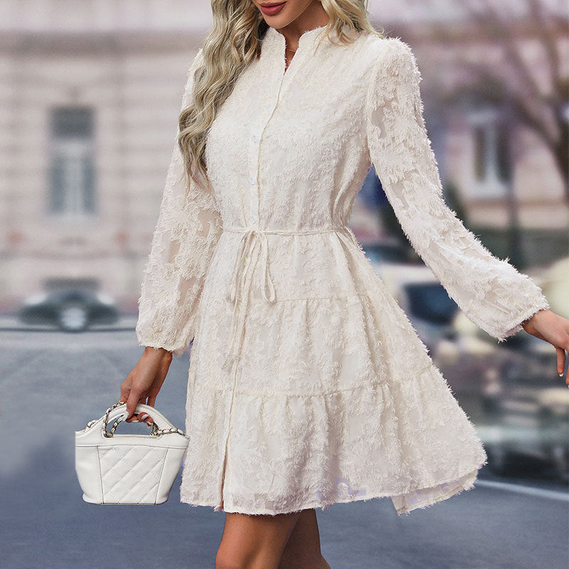 Womens Long Sleeve Fall Dresses 2024 Button Up Empire Waist with Belt A-Line Mini Dress Casual Fall Winter Dress - Seldom Seen Styles