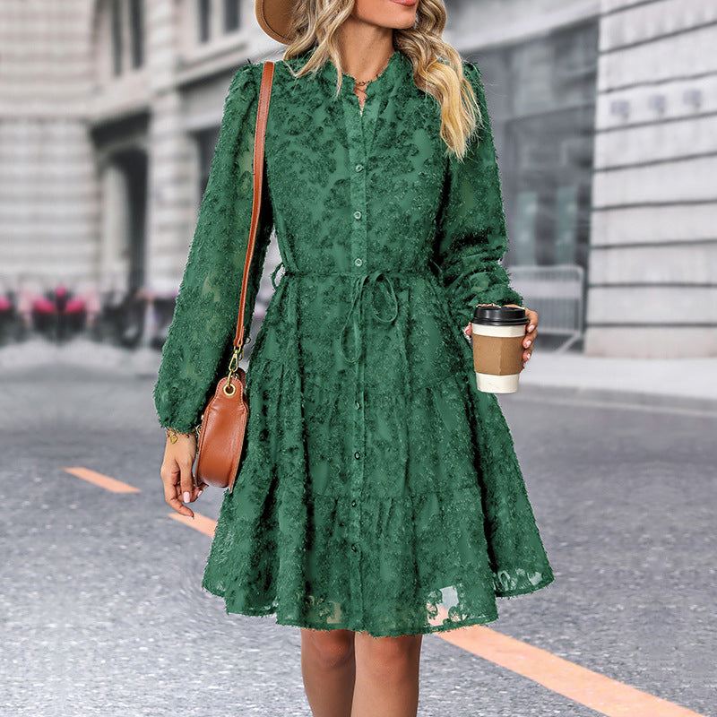 Womens Long Sleeve Fall Dresses 2024 Button Up Empire Waist with Belt A-Line Mini Dress Casual Fall Winter Dress - Seldom Seen Styles