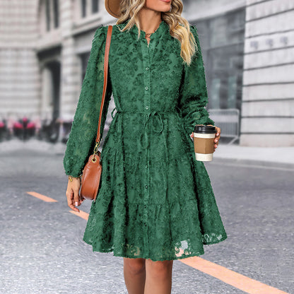 Womens Long Sleeve Fall Dresses 2024 Button Up Empire Waist with Belt A-Line Mini Dress Casual Fall Winter Dress - Seldom Seen Styles