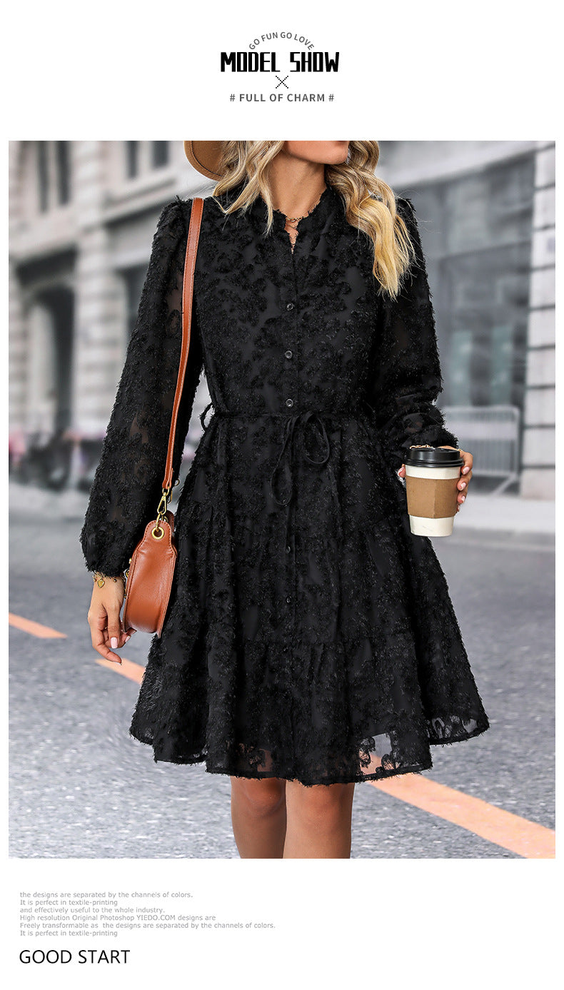 Womens Long Sleeve Fall Dresses 2024 Button Up Empire Waist with Belt A-Line Mini Dress Casual Fall Winter Dress - Seldom Seen Styles