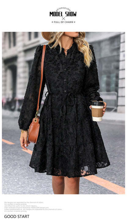 Womens Long Sleeve Fall Dresses 2024 Button Up Empire Waist with Belt A-Line Mini Dress Casual Fall Winter Dress - Seldom Seen Styles