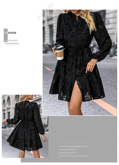 Womens Long Sleeve Fall Dresses 2024 Button Up Empire Waist with Belt A-Line Mini Dress Casual Fall Winter Dress - Seldom Seen Styles