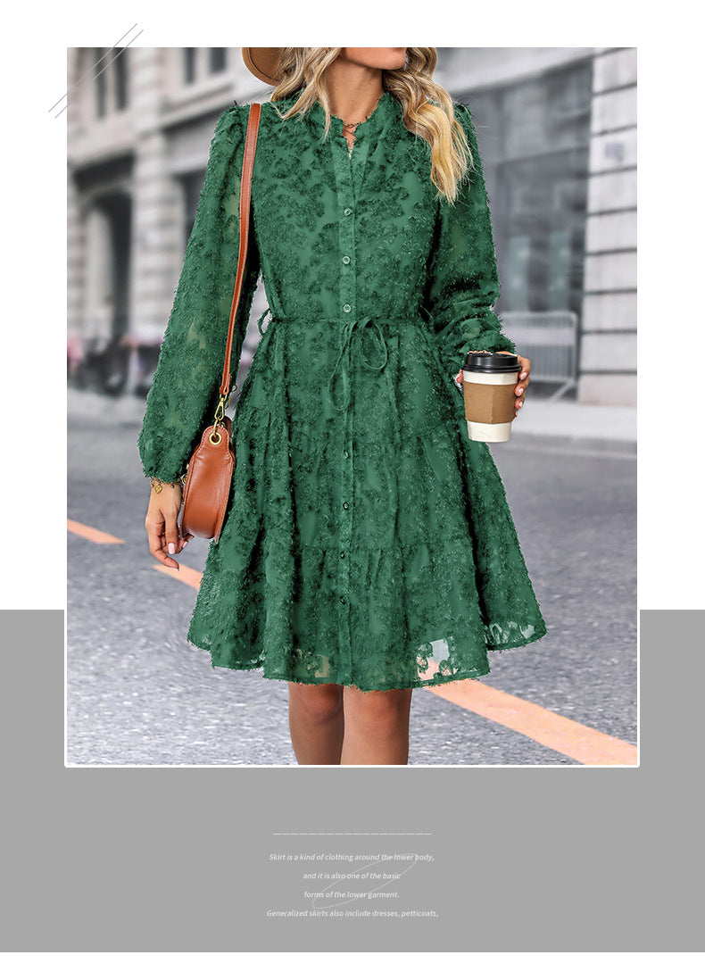 Womens Long Sleeve Fall Dresses 2024 Button Up Empire Waist with Belt A-Line Mini Dress Casual Fall Winter Dress - Seldom Seen Styles