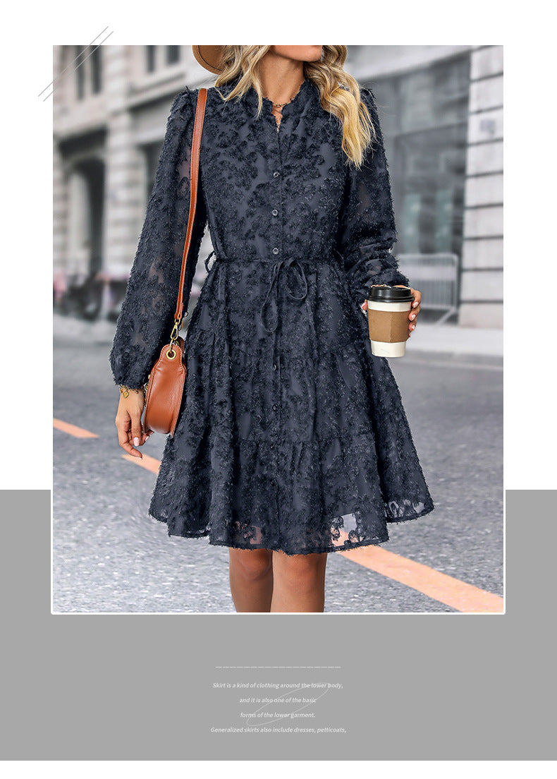Womens Long Sleeve Fall Dresses 2024 Button Up Empire Waist with Belt A-Line Mini Dress Casual Fall Winter Dress - Seldom Seen Styles