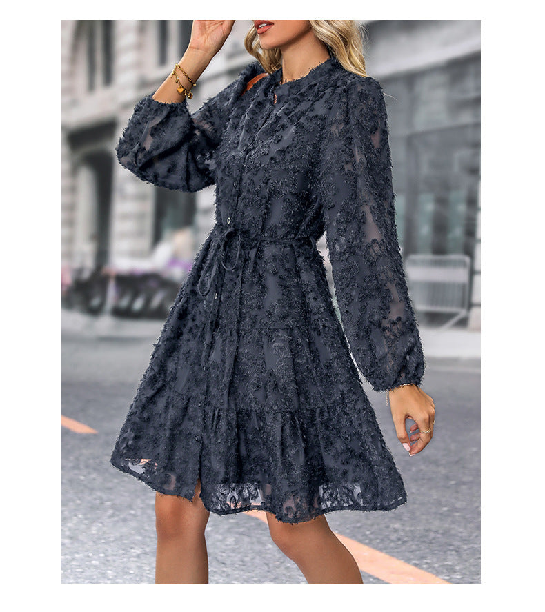 Womens Long Sleeve Fall Dresses 2024 Button Up Empire Waist with Belt A-Line Mini Dress Casual Fall Winter Dress - Seldom Seen Styles