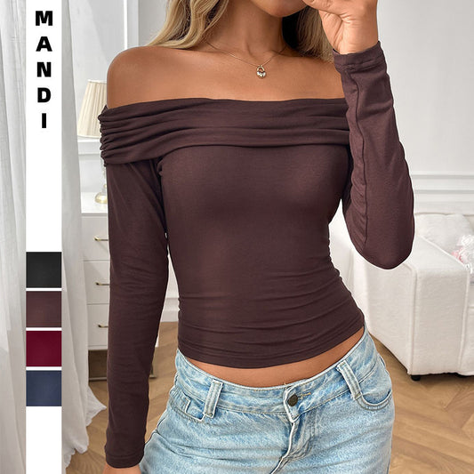 Womens Off The Shoulder Tops Double Lined Long Sleeve T Shirts Slim Fitted Stretchy Crop Top - Seldom Seen Styles