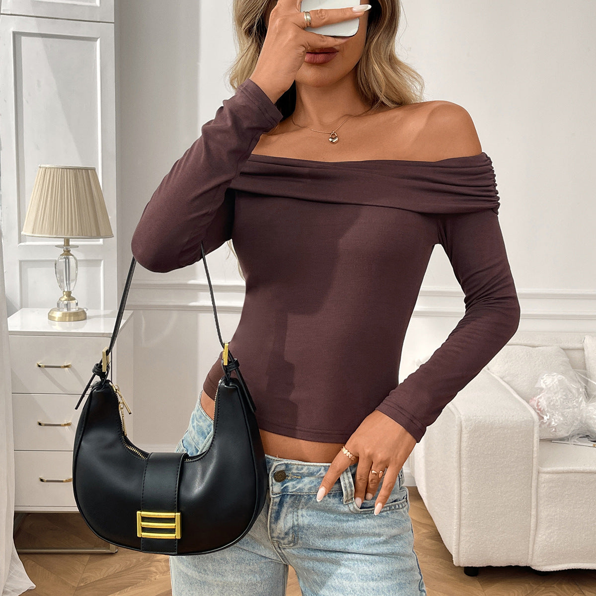 Womens Off The Shoulder Tops Double Lined Long Sleeve T Shirts Slim Fitted Stretchy Crop Top - Seldom Seen Styles