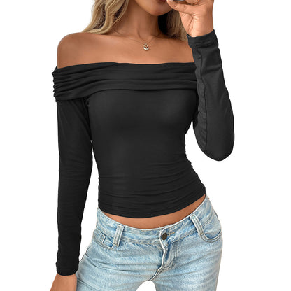 Womens Off The Shoulder Tops Double Lined Long Sleeve T Shirts Slim Fitted Stretchy Crop Top - Seldom Seen Styles