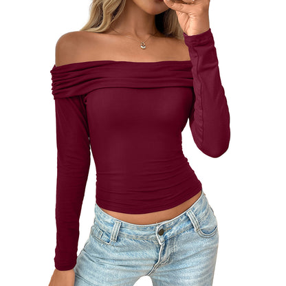 Womens Off The Shoulder Tops Double Lined Long Sleeve T Shirts Slim Fitted Stretchy Crop Top - Seldom Seen Styles