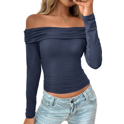 Womens Off The Shoulder Tops Double Lined Long Sleeve T Shirts Slim Fitted Stretchy Crop Top - Seldom Seen Styles