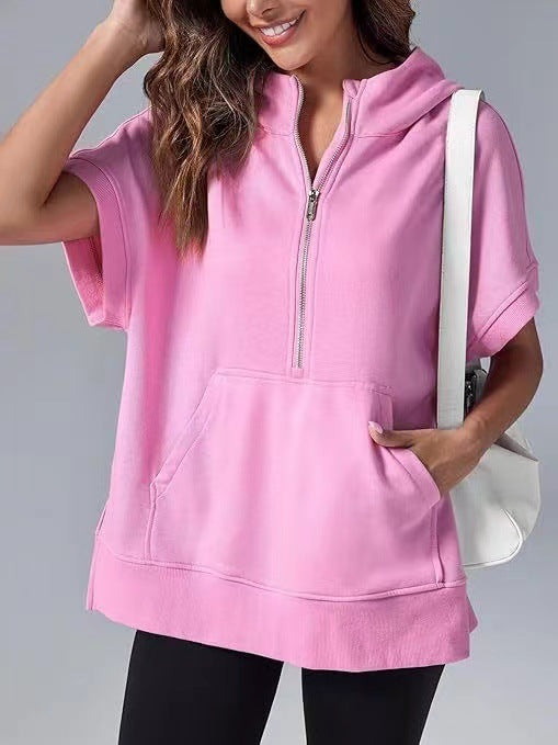 Womens Oversized Half Zip Hoodies Short Sleeve Casual Sweatshirts Pullover Tops with Pockets - Seldom Seen Styles
