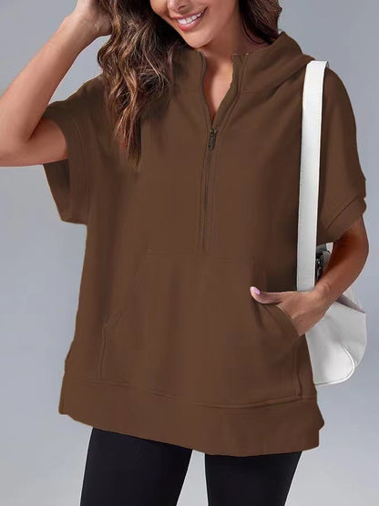 Womens Oversized Half Zip Hoodies Short Sleeve Casual Sweatshirts Pullover Tops with Pockets - Seldom Seen Styles