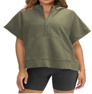 Womens Oversized Half Zip Hoodies Short Sleeve Casual Sweatshirts Pullover Tops with Pockets - Seldom Seen Styles