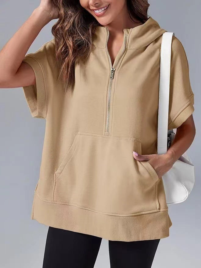 Womens Oversized Half Zip Hoodies Short Sleeve Casual Sweatshirts Pullover Tops with Pockets - Seldom Seen Styles