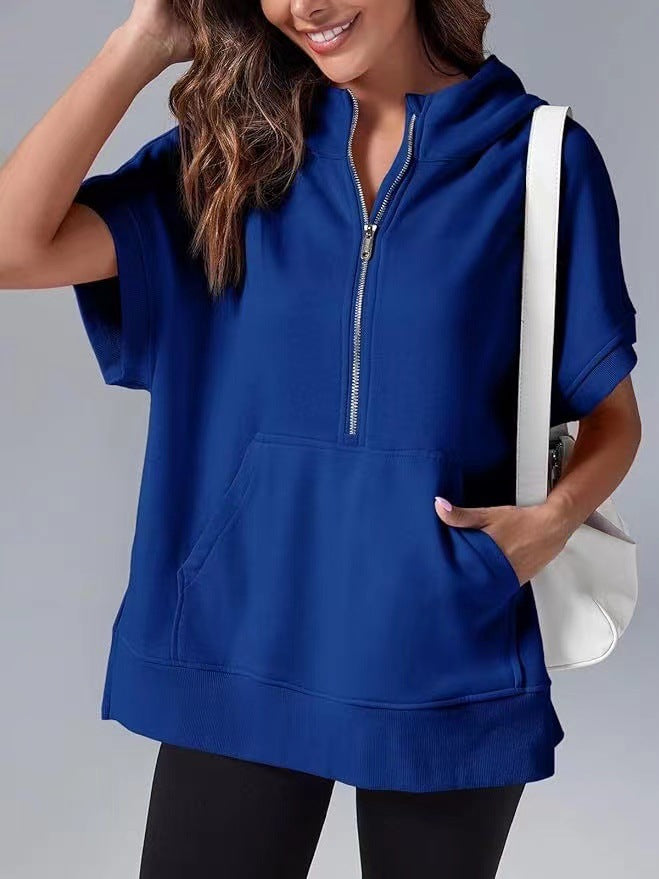 Womens Oversized Half Zip Hoodies Short Sleeve Casual Sweatshirts Pullover Tops with Pockets - Seldom Seen Styles
