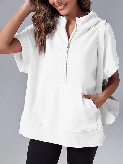 Womens Oversized Half Zip Hoodies Short Sleeve Casual Sweatshirts Pullover Tops with Pockets - Seldom Seen Styles