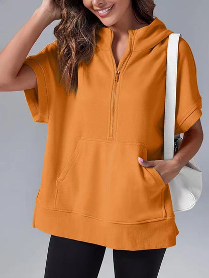 Womens Oversized Half Zip Hoodies Short Sleeve Casual Sweatshirts Pullover Tops with Pockets - Seldom Seen Styles