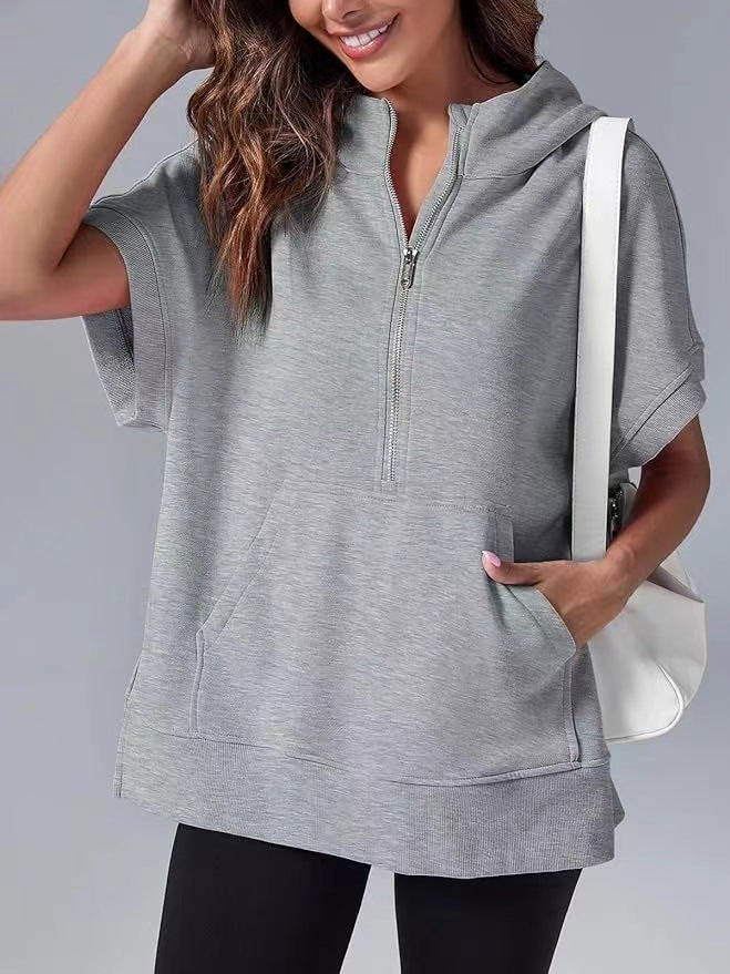 Womens Oversized Half Zip Hoodies Short Sleeve Casual Sweatshirts Pullover Tops with Pockets - Seldom Seen Styles