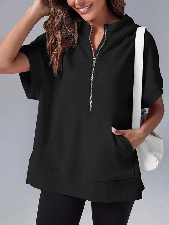 Womens Oversized Half Zip Hoodies Short Sleeve Casual Sweatshirts Pullover Tops with Pockets - Seldom Seen Styles
